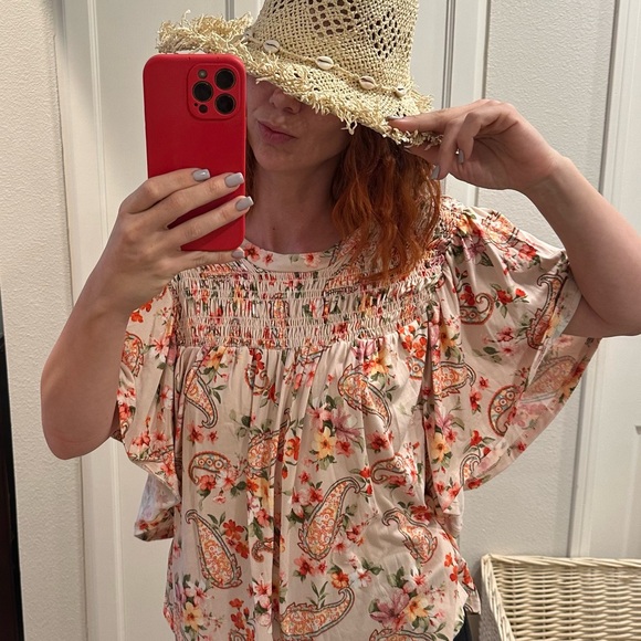 Haptics Tops - Smocked Boho Paisley Flutter-Sleeve Blouse - Cream/Peach